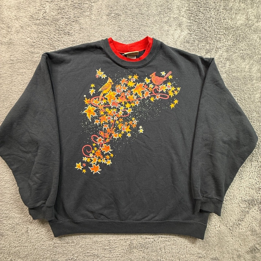 Artisans XXL Womens Fall Autumn Cardinal Birds Leaves Sweatshirt Pullover Crew